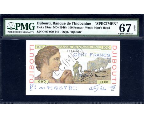 French Somaliland, P 19As, Banque de l'Indochine, 100 Francs, (1946), SPECIMEN. Portrait of a woman at left, farmer and oxen 