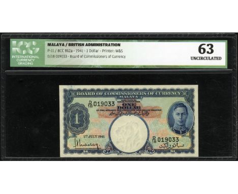 Malaya, P 11, Linzmayer B112a, Board of Commissioners of Currency, Malaya, 1 Dollar, 1 July 1941. Portrait of King George VI 