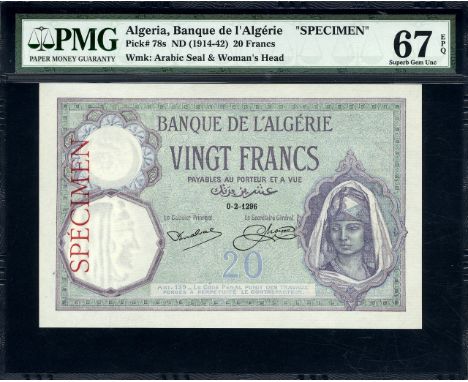 Algeria, P 78s, Banque de l'Algérie, 20 Francs, (1914-42), SPECIMEN. Portrait of young woman at lower right on front. Two you
