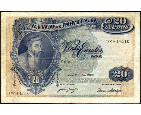 Portugal, P 118, Banco de Portugal, 20 Escudos, 7 July 1920. Portrait of J. DeCastro at left on front. Chapa 2. Building at c