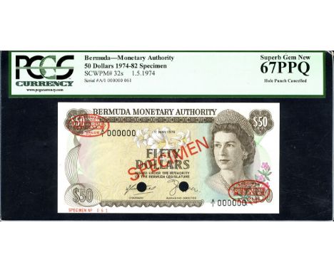 Bermuda, P 32s, Linzmayer B205as3, Bermuda Monetary Authority, 50 Dollars, 1 May 1974, SPECIMEN. Portrait of Queen Elizabeth 