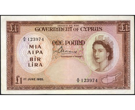 Cyprus, P 35a, Linzmayer B135a, Government of Cyprus, 1 Pound, 1 June 1955. Portrait of Queen Elizabeth II at right, map of C