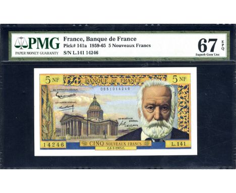 France, P 141a, Fayette 56,18, Banque de France, 5 Nouveaux Francs, 6 June 1965. Portrait of Victor Hugo at right, Panthéon i