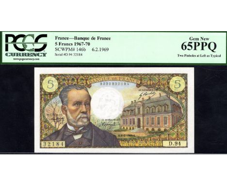 France, P 146b, Fayette 61.9, Banque de France, 5 Francs, 6 February 1969. Portrait of Louis Pasteur at left, the Pasteur Ins