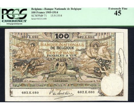 Belgium, NBBB-53a , P 71, Banque Nationale de Belgique, 100 Francs, 15 September 1914. Ceres at left, lion at center, Neptune