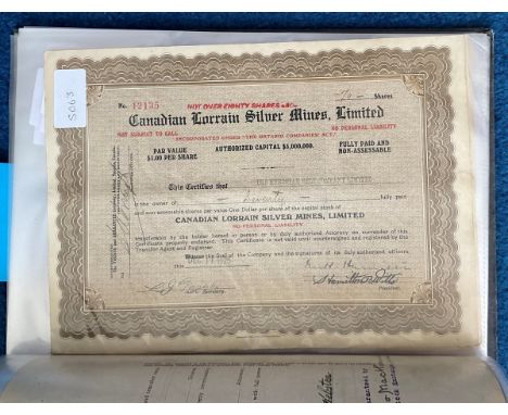 61 Canadian Lorrain Silver Mines Limited Share Certificates, with Various amounts of Shares per Certificate 1924 - 1926. Good