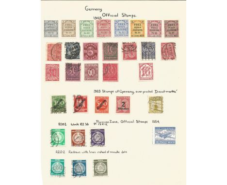 German stamp collection on 2 pages. Germany 1903 official stamps. 1923 overprint. 1954 Russian zone, 1948 Russian zone, 1949 