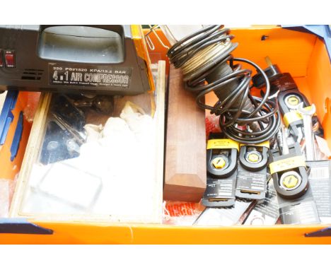 Box of spanners as new, chisel, lamp & air compresser