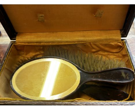 Boxed tortoise shell brush, comb & mirror 