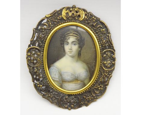 Miniature oval half length portrait of Josephine, Empress of France, inscribed on the reverse and in pierced metal frame 6.5c