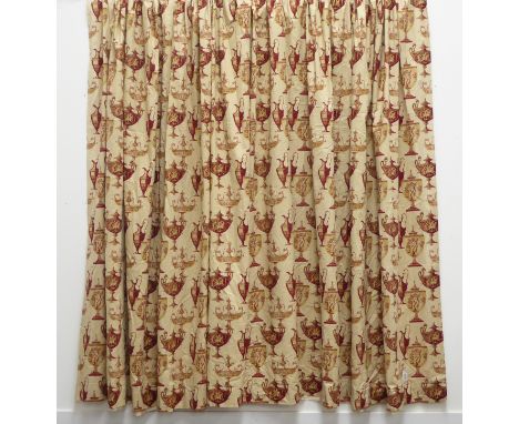 Two pairs large lined curtains, beige ground decorated with classical urns, Swaffer 'Vaision' fabric, W255cm, Fall - 310cm