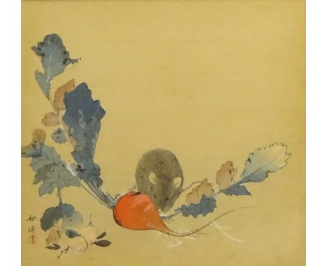  Japanese woodblock print of a rat and radish after Tsukioka Kogyo 22cm x 24cm and another of a rat and seed heads after Wata