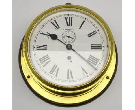 French ships brass cased bulkhead clock with white dial and seconds ring D24cm