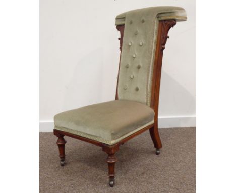 Victorian walnut framed Prie dieu chair, upholstered button back on turned fluted supports and castors W45cm H87cm D60cm