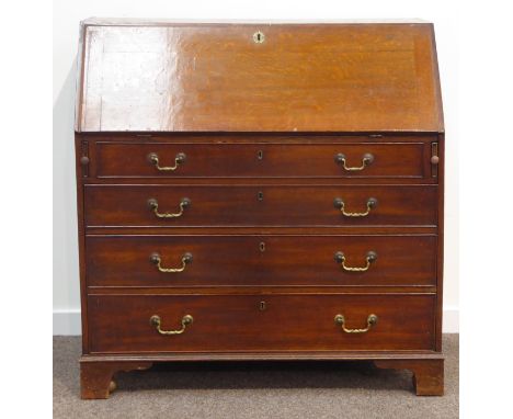 Georgian oak bureau, fall front enclosing fitted interior, four long graduating drawers, bracket feet, W106cm, H107cm, D55cm