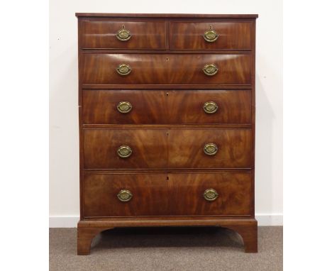 Early 19th century mahogany chest, two short and four long graduating drawers, bracket feet, W109cm, H145cm, D52cm 