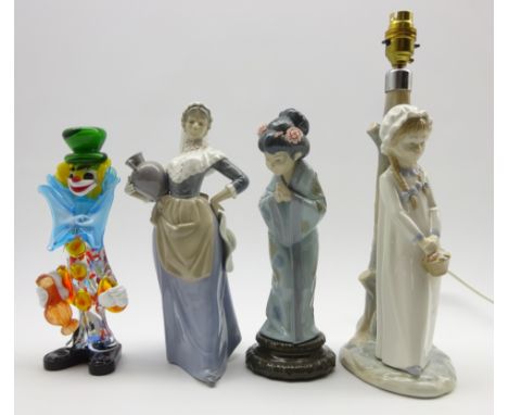 Lladro figure in the form of a Japanese girl H27cm, Nao lamp base, Nao figure and a Murano glass clown