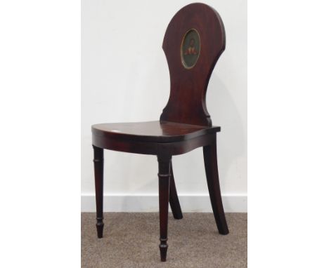 Regency mahogany hall chair, the panelled back inset with a painted head and shoulders portrait and on ring turned supports.