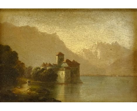 Continental School (19th century): Chillon Castle, Lake Geneva, oil on board unsigned, 14cm x 19cm, and a print after Corot