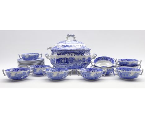 Spode Italian pattern blue and white soup tureen with cover and ladle and 12 two handled soup bowls and stands Condition Repo