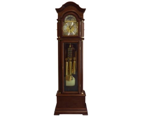 Contemporary 'Kieniger' mahogany longcase clock, triple train driven movement striking the quarters and chiming on the hours,