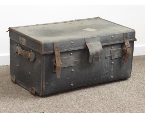 Early 20th century leather car trunk, hinged lid enclosing lined interior with removable tray, W78cm