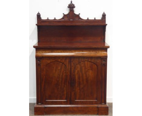 19th century mahogany Gothic Revival chiffonier, raised shelf back with shaped cresting on pierced scroll supports, base with