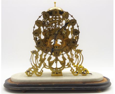 20th Century brass skeleton clock, pierced Roman chapter ring with subsidiary date aperture, twin fusee movement with rack st