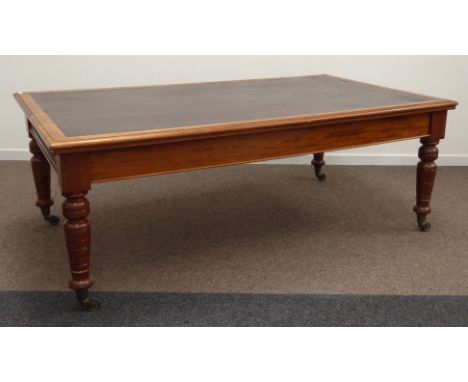Late Victorian mahogany library boardroom table, rectangular moulded top with leather inset, two end drawers, on turned suppo