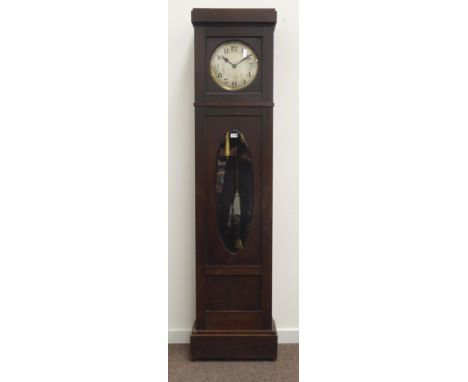 1930s oak longcase clock, silver Arabic dial with twin train 'Gustav Becker' movement striking the hours and half on rods, pu