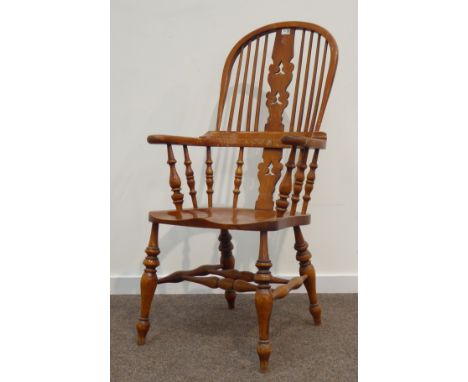 19th century high back Windsor armchair, stick and pierced splat back, turned supports connected by double 'H' stretcher base