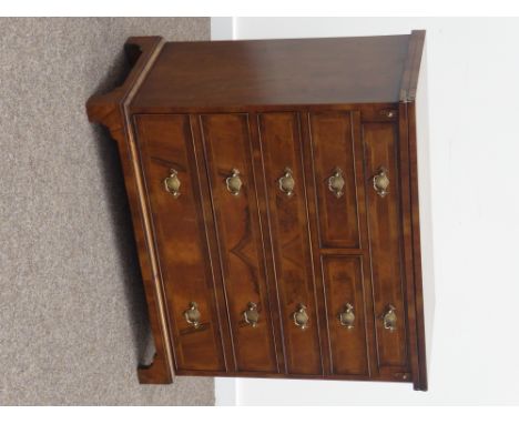 George II style walnut bachelors chest, figured and feather banded fold over top, five long drawers, bracket feet, W89cm, H83