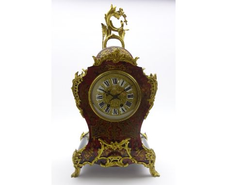 Large late 19th century Louis XV style simulated boulle work mantel clock, cartouche shaped form with moulded scrolling gilt 