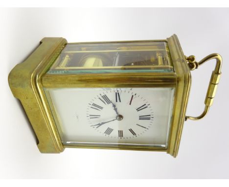 20th century brass and bevel glazed carriage clock, white Roman dial indistinctly signed, twin train 8-day movement striking 
