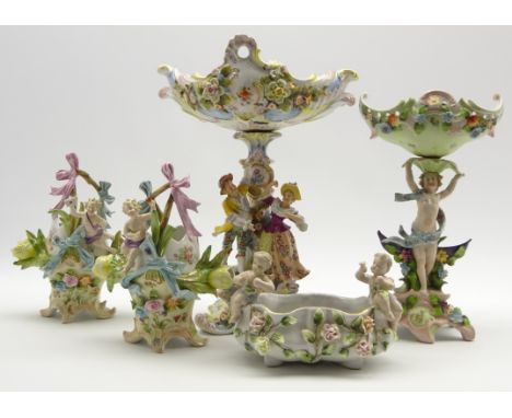 Continental porcelain Comport decorated with applied flowers and figures, etc., 14" (36cms) high (cracked); a smaller comport