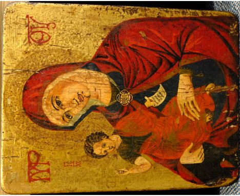 Madonna and Child, 17th century Croatian icon painted on wood panel, inscribed on plaque verso 'J. M. Dogan, Zagreb, Yugoslav
