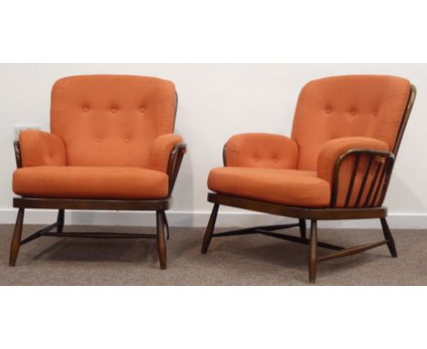 Pair of Ercol easy chairs, stained beach frames with upholstered loose cushions, W81cm