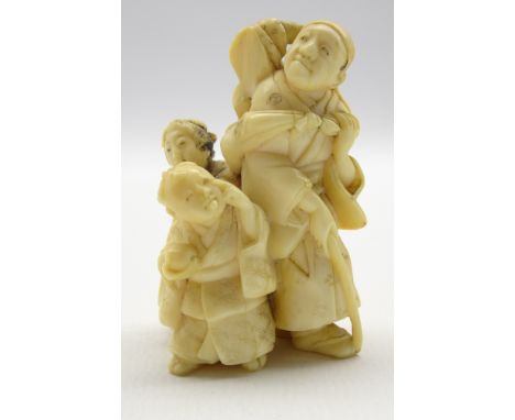 19th Century Chinese carved ivory netsuke with 3 figures and a monkey H5cm, signed Condition Report &amp; Further Details Mon