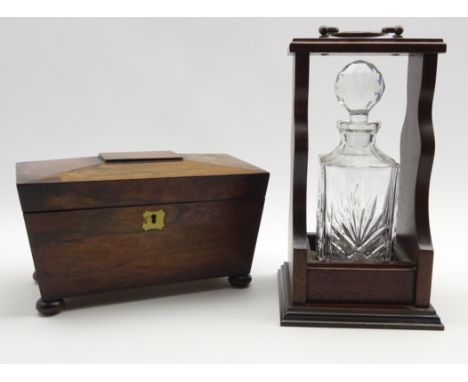 Victorian Rosewood two division caddy, sarcophagus form on bun feet, L28cm and single decanter Tantalus style stand with bras