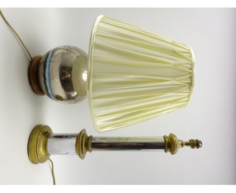 Art Deco chrome and brass cylindrical table lamp, H58cm and a silver lustre globular table lamp painted with sailing Galleons