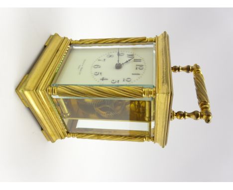 Mappin &amp; Webb - 20th century brass carriage clock time-piece, enamel Arabic dial with gilt detail, signed Mappin &amp; We