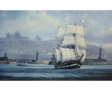 After Jack Rigg (British 1927-): Sailing Barque Marques Leaving Whitby Harbour, colour print 33cm x 53cm