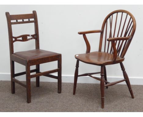 19th century elm and beech Windsor armchair, stick and hoop back, turned supports and a 19th century country oak chair