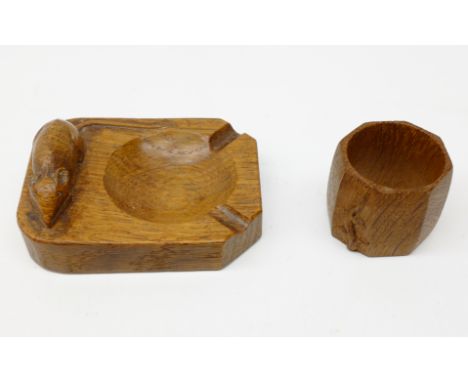 Mouseman oak ashtray by Robert Thompson of Kilburn with carved mouse signature and an oak napkin ring by Martin Dutton with c