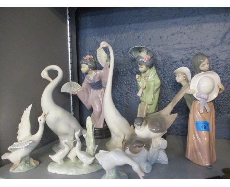 Two Lladro figures of Japanese ladies, a pair of bisque Nao models of geese, four other models of Nao and Lladro birds, toget