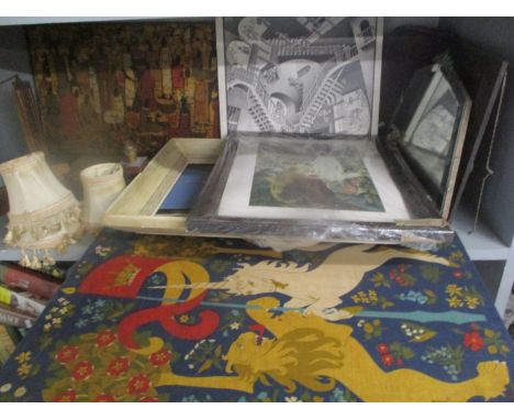 A mixed lot to include an oak light fitting, two mirrors and mixed pictures to include an oil on board, signed Olly to the lo