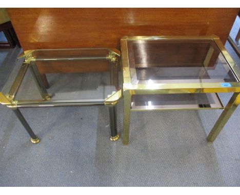 Two late 20th century Italian Mara lamp tables, comprising a two tier brass framed and smokey glass shelved table and a smoke