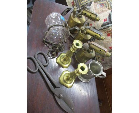 A Hjorth &amp; Co Primus No 632 vintage blow torch and two others, a pair of brass candlesticks, a ceiling light and metalwar
