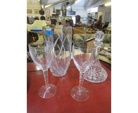 A Waterford John Rocha cut glass vase, a cut glass ships decanter and a pair of Jasper Conran Stuart Crystal wine goblets wit