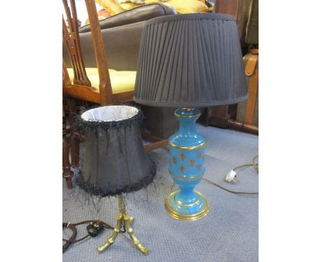 A mid 20th century American blue and gilt glass table lamp and a mid 20th century brass table lamp in the form of bamboo 